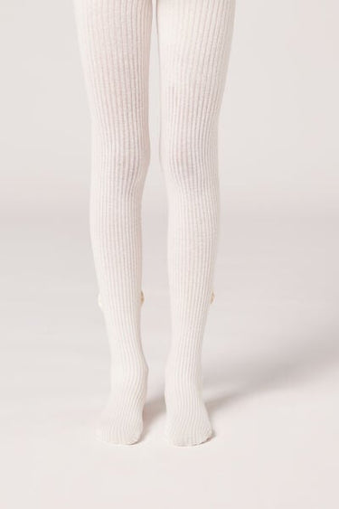 Girls’ Narrow Rib Cotton Tights with Bow
