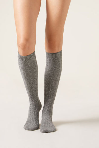 Cable-Patterned Long Socks with Cashmere