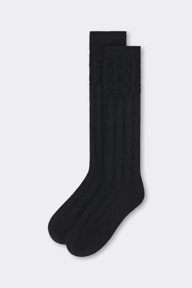 Lace-Patterned Long Socks with Wool