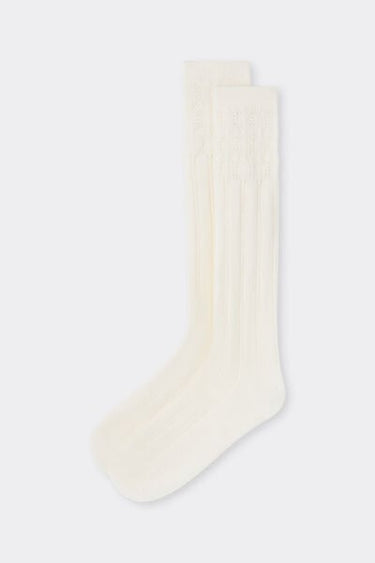 Lace-Patterned Long Socks with Wool