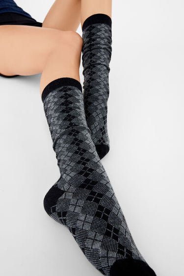 Diamon-Patterned Long Socks with Cashmere