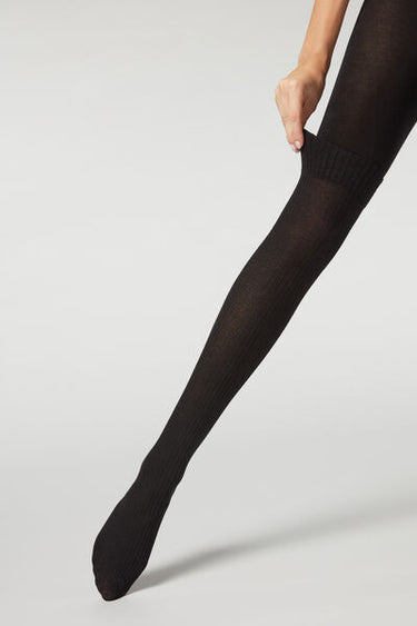 Ribbed Longuette Effect Tights with Cashmere
