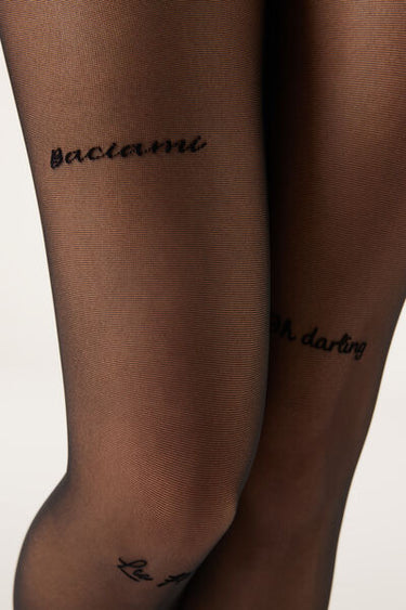 30 Denier Sheer Tights with Tattoo-Effect Wording