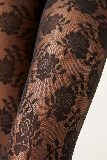 40 Denier Tulle Tights with Rose Pattern