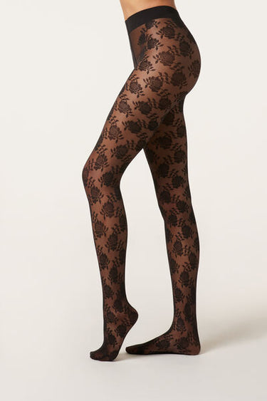 40 Denier Tulle Tights with Rose Pattern